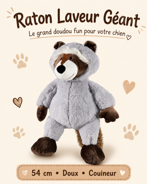 Raton Laveur Géant en Peluche – Jouet Couineur pour Chien 54 cm