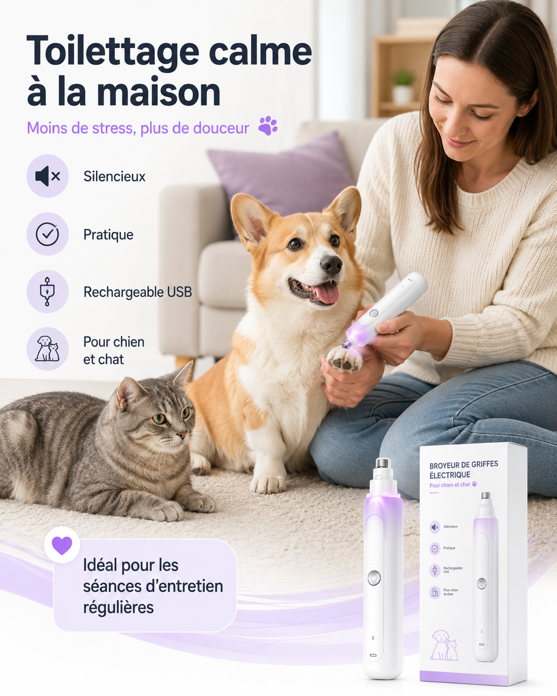 Lime électrique silencieuse pour griffes de chien et chat – 2 vitesses, 3 ports, rechargeable USB-C