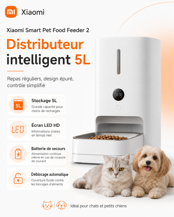 Distributeur automatique de croquettes Xiaomi Smart Pet Food Feeder 2 EU, 5L avec écran HD et batterie de secours
