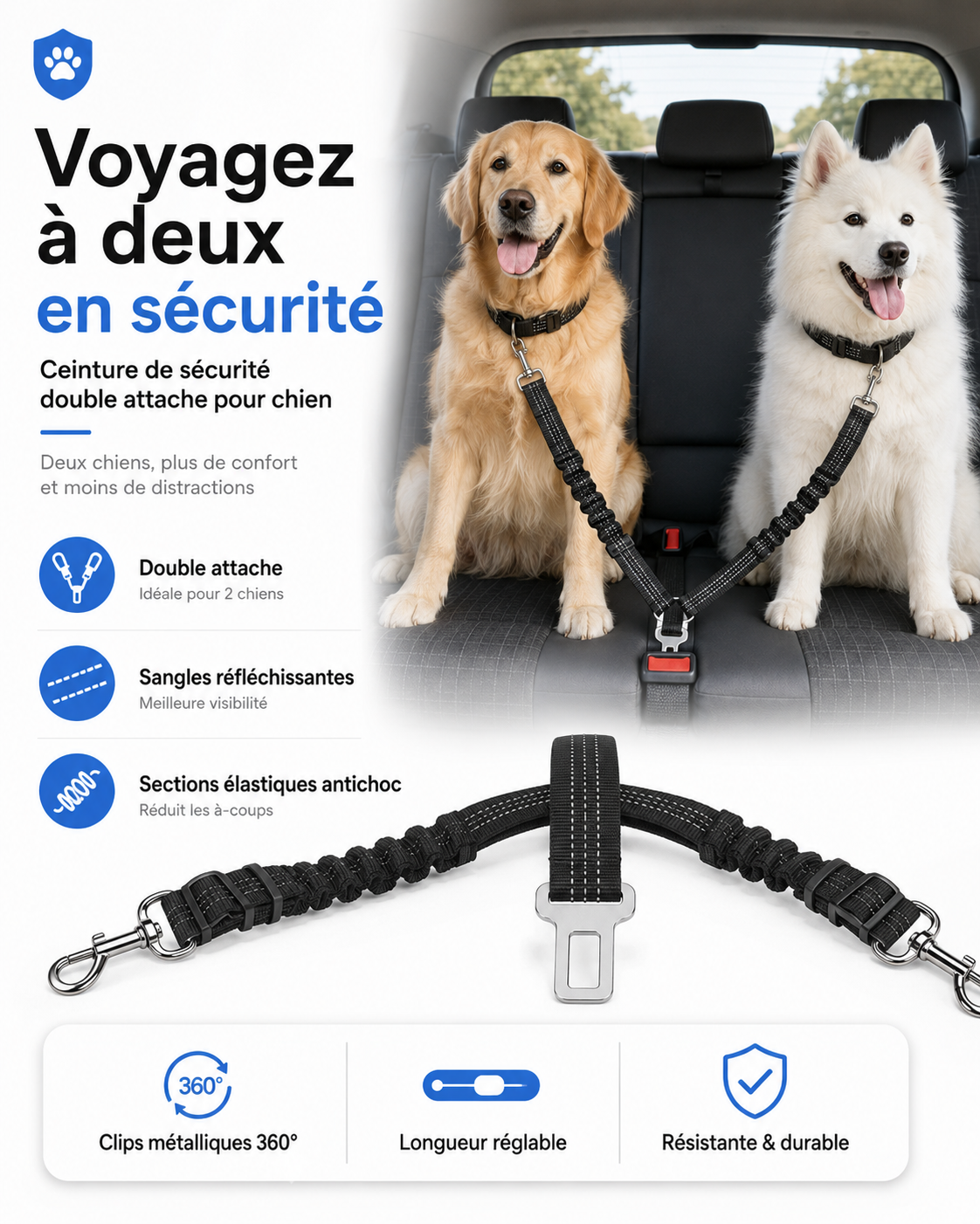 Ceinture de sécurité double attache pour chien – Élastique et réfléchissante