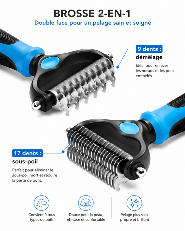 Brosse démêlante 2-en-1 pour chien et chat – Peigne anti-nœuds en acier inoxydable