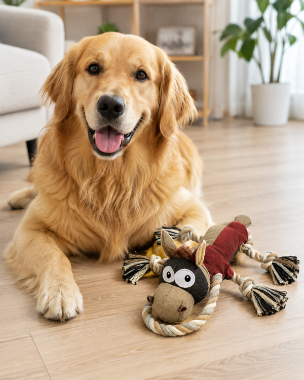 Jouet à mâcher pour chien – Peluche robuste avec cordes et couineur - Forme Élan Marron & Beige