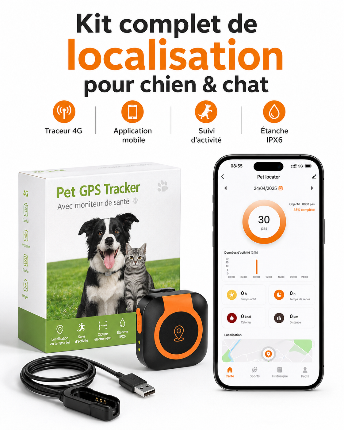Collier GPS intelligent 4G pour chien et chat – Suivi en temps réel, santé, activité et anti-perte
