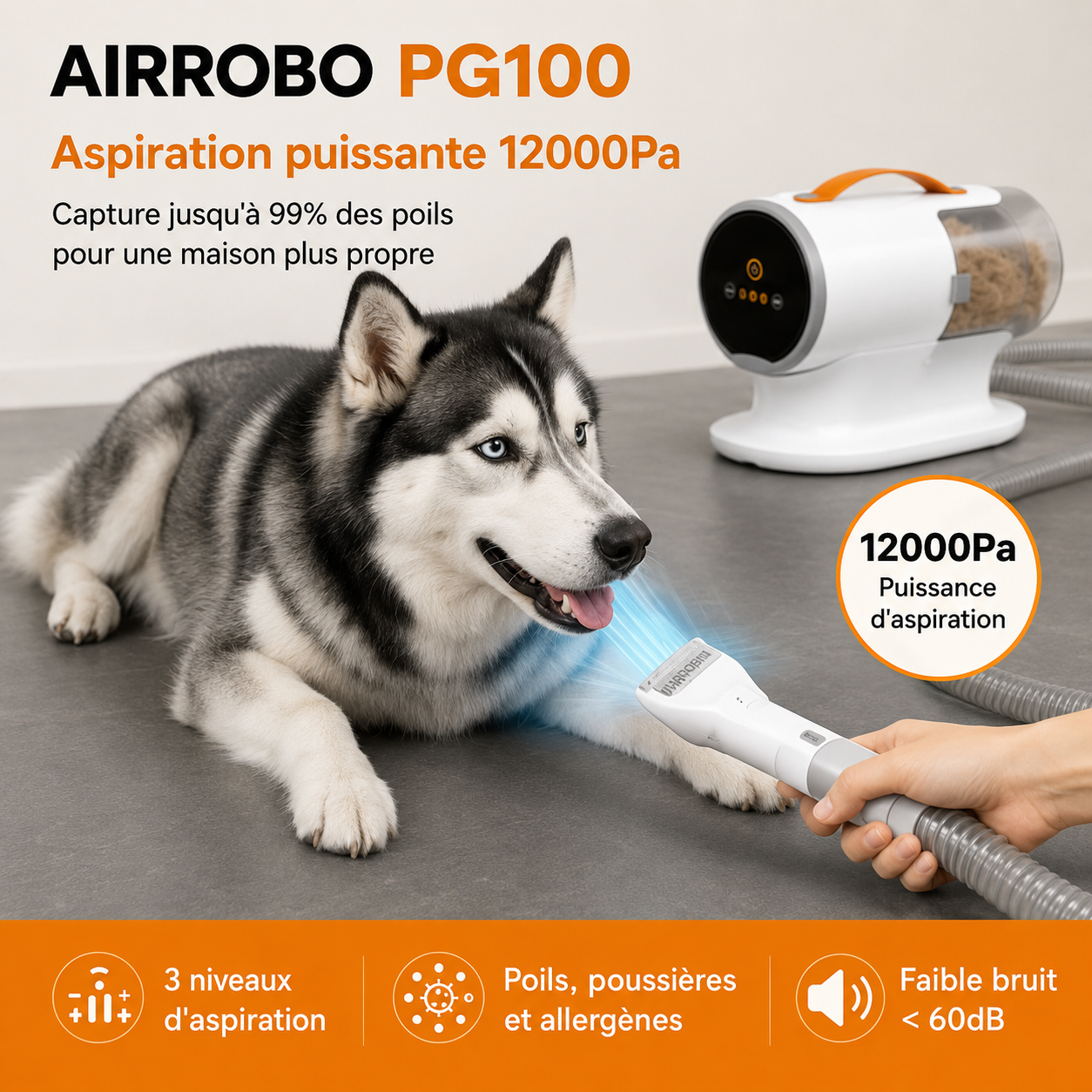 AIRROBO PG100 – Aspirateur de toilettage pour chien et chat avec brosse & peigne