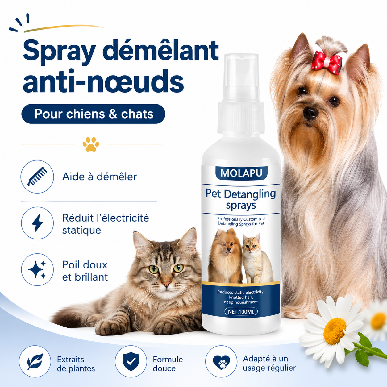 Spray démêlant sans rinçage chien & chat – Anti-nœuds et antistatique 100 ml
