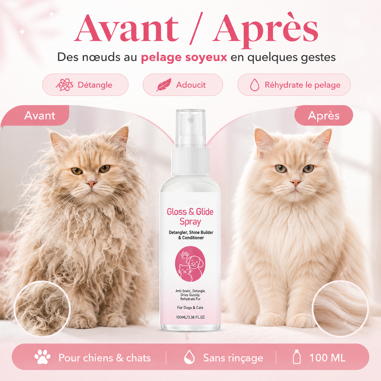 Spray démêlant sans rinçage pour chiens et chats – Pelage doux, brillant et facile à brosser