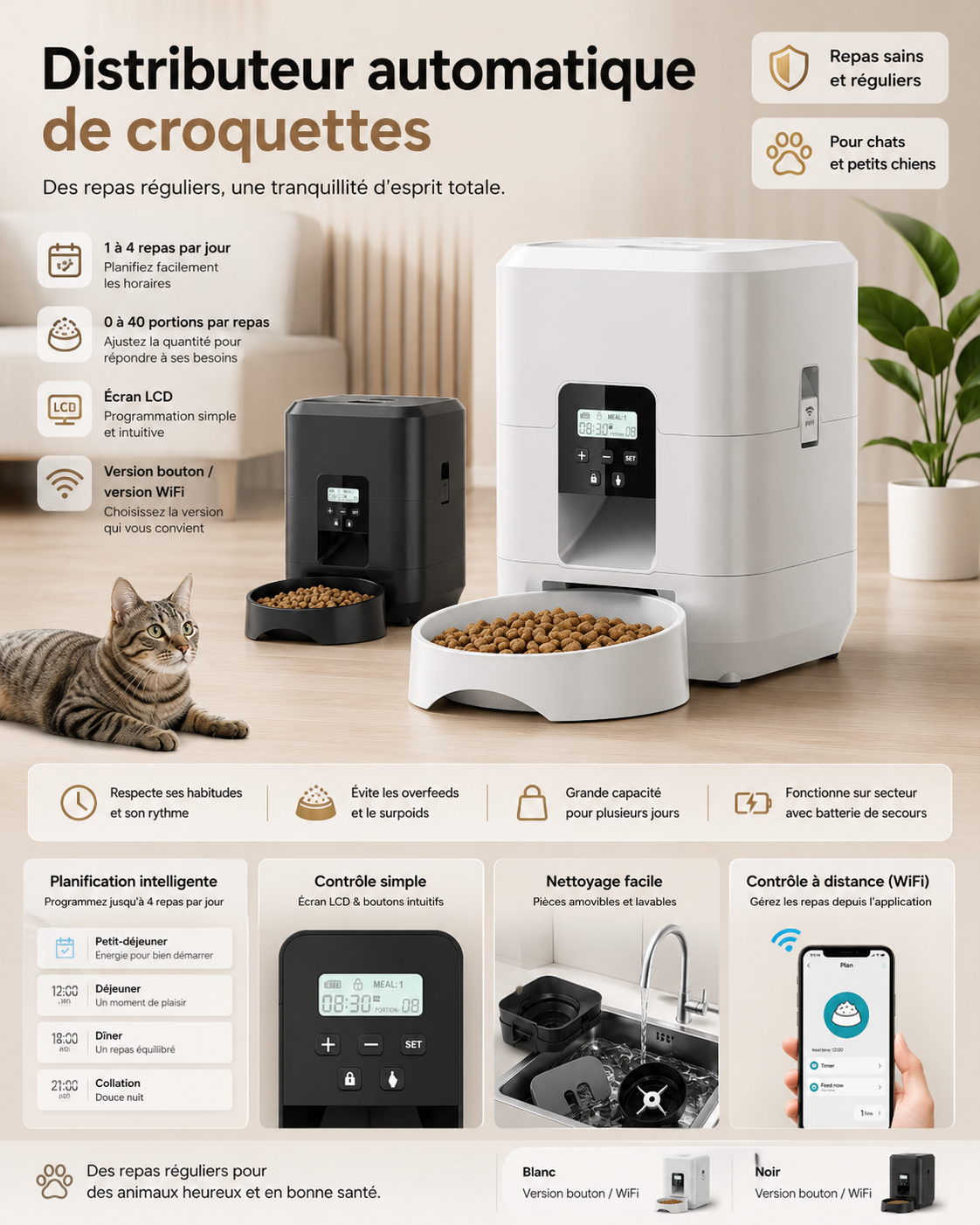 Distributeur automatique de croquettes avec écran LCD, minuterie et dosage réglable pour chat et chien