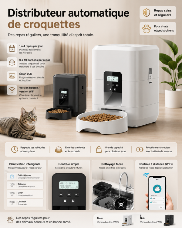 Distributeur automatique de croquettes avec écran LCD, minuterie et dosage réglable pour chat et chien