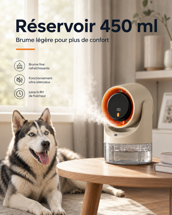 Mini Ventilateur Brumisateur Rechargeable 450 ml – 5 Vitesses, Minuterie et Orientation 360°