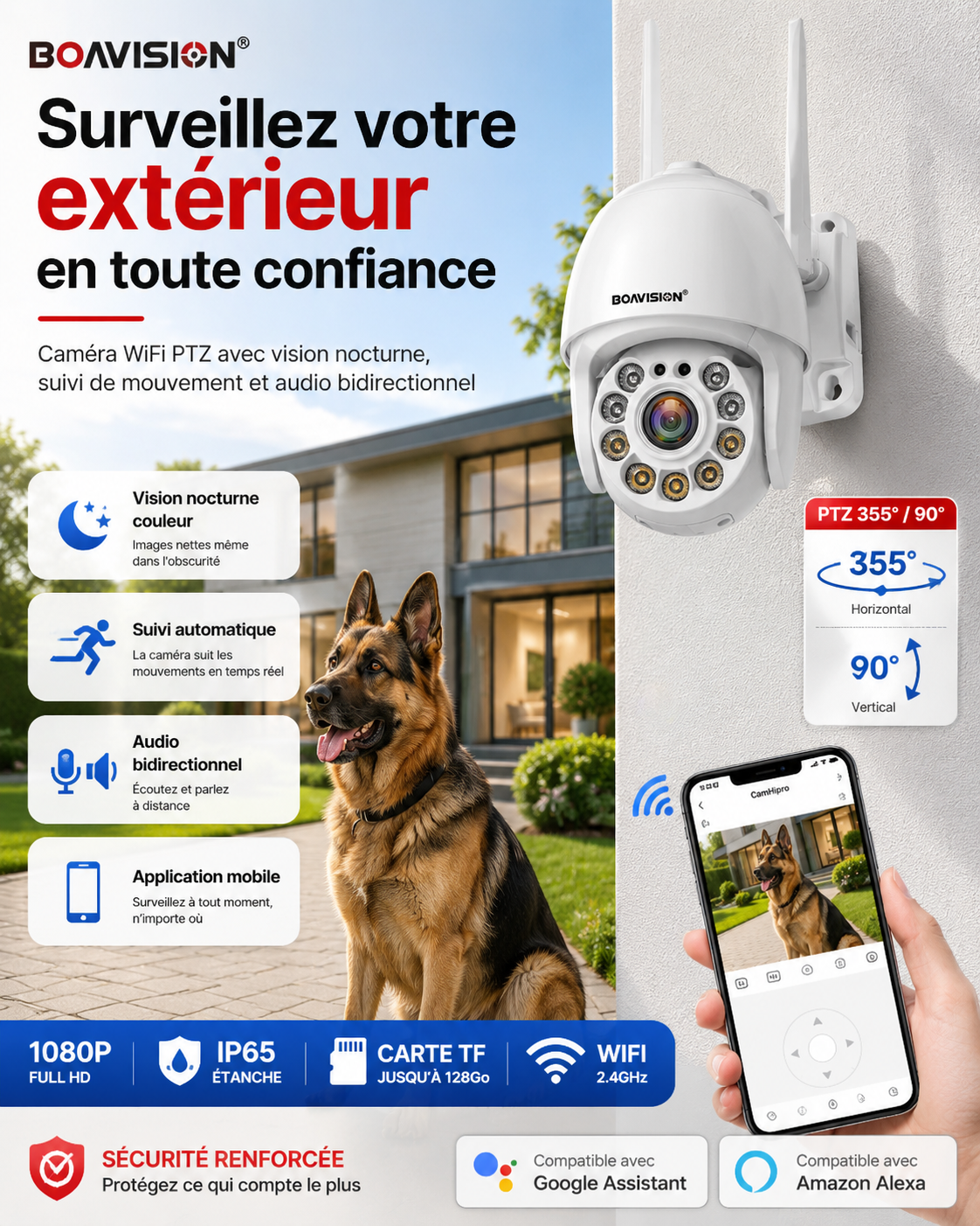 Caméra extérieure WiFi PTZ 1080P – Suivi automatique, vision nocturne couleur et audio bidirectionnel