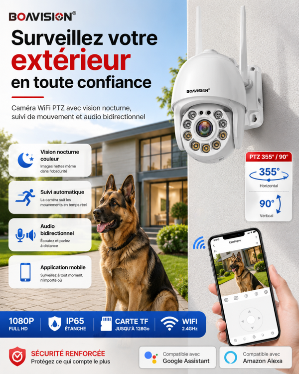 Caméra extérieure WiFi PTZ 1080P – Suivi automatique, vision nocturne couleur et audio bidirectionnel