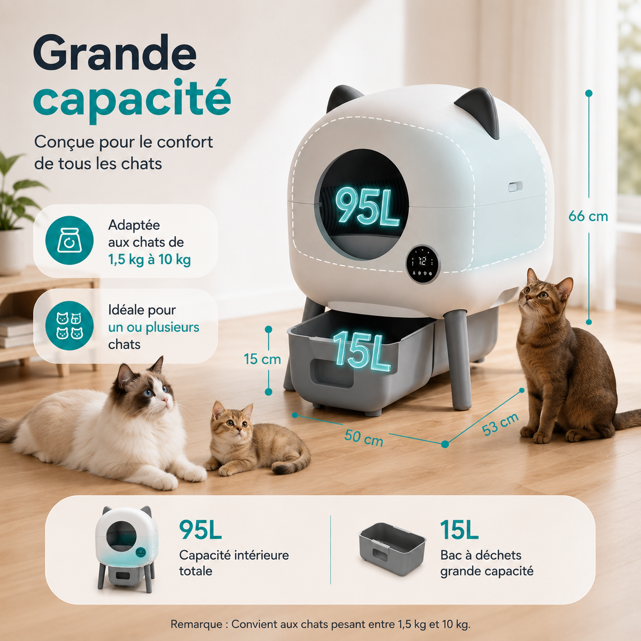 Litière Autonettoyante Connectée 95L pour Chat – Grande Capacité, Anti-Odeurs & Contrôle par Application