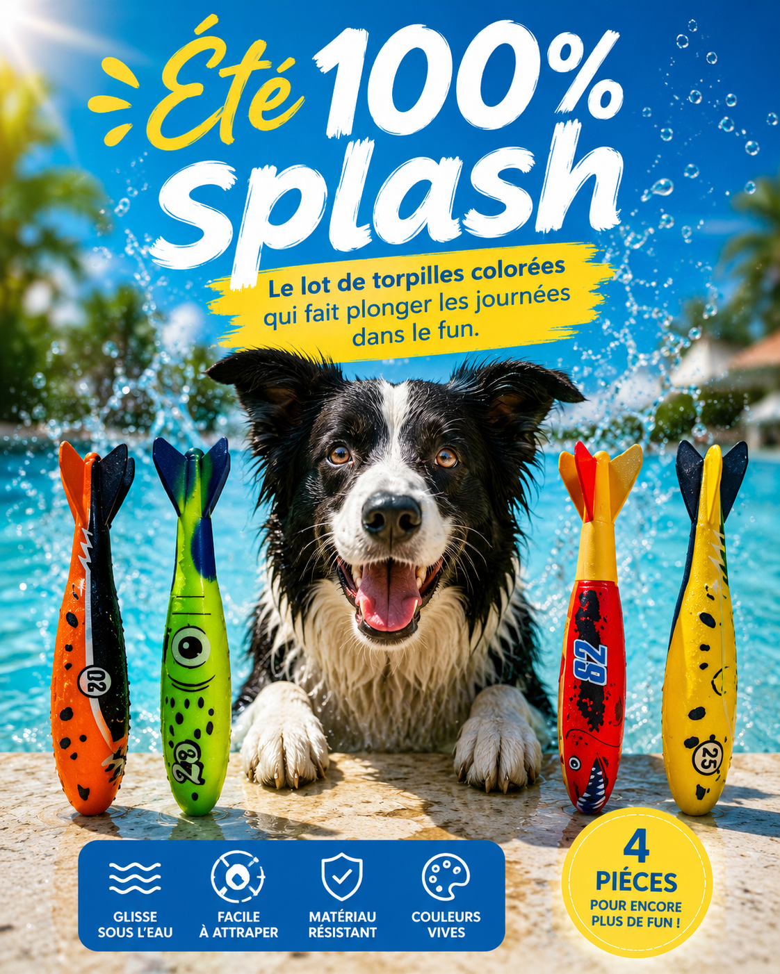 Lot de 4 Jouets de Plongée pour Piscine – Torpilles Sous-Marines Colorées pour Jeux Aquatiques et Entraînement à la Natation