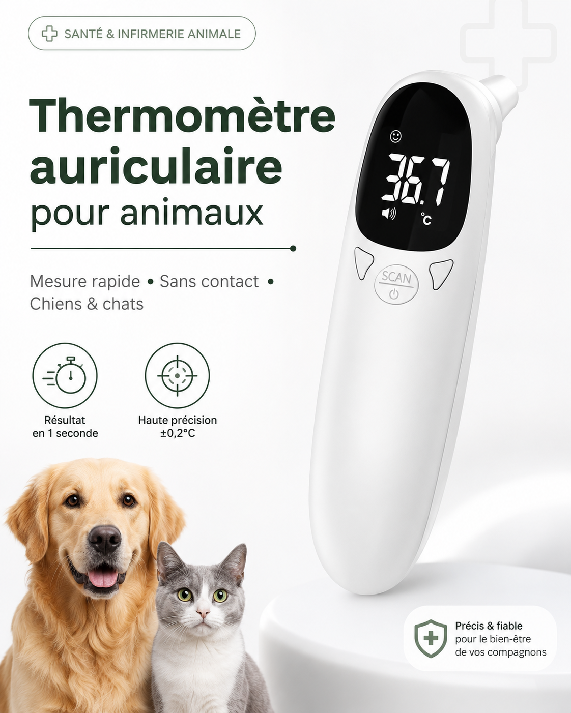 Thermomètre auriculaire infrarouge pour chien et chat – Mesure rapide sans contact