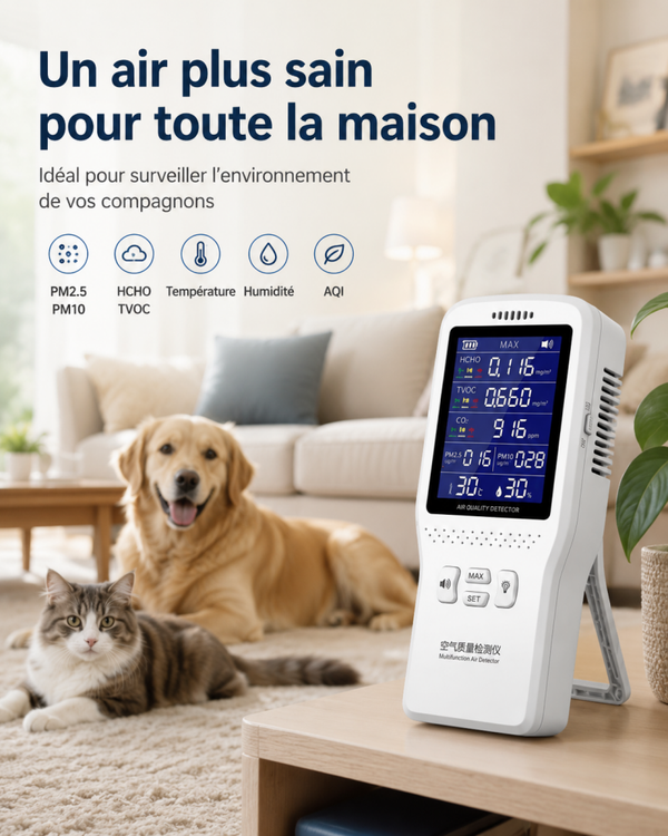 Détecteur de qualité de l’air 9-en-1 – CO₂, particules fines, COV, température et humidité