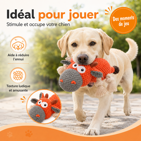 Jouet à mâcher pour chien – Peluche robuste avec cordes et couineur - Orangée, Bovins