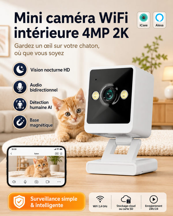 Mini caméra WiFi intérieure 4MP 2K – Base magnétique, vision nocturne et audio bidirectionnel