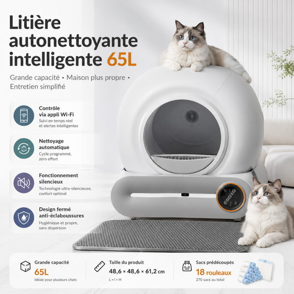 Litière Autonettoyante Intelligente 65L pour Chat – Contrôle Wi-Fi par Application, Grande Capacité, Anti-Odeurs et Anti-Éclaboussures