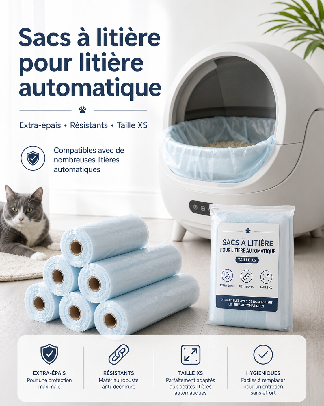 Sacs à litière automatiques extra-épais – Compatibles litière automatique