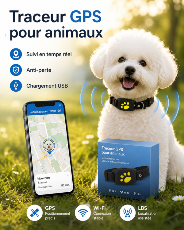 Traceur GPS connecté pour chien et chat – Localisation en temps réel, anti-perte, zone de sécurité, étanche et rechargeable