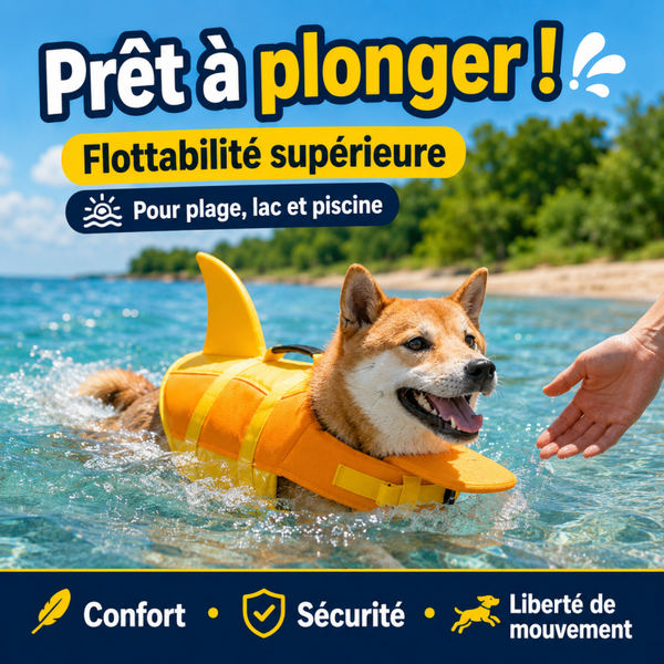 Gilet de Sauvetage Requin pour Chien – Haute Visibilité, Flottabilité Renforcée et Réglage Sécurisé