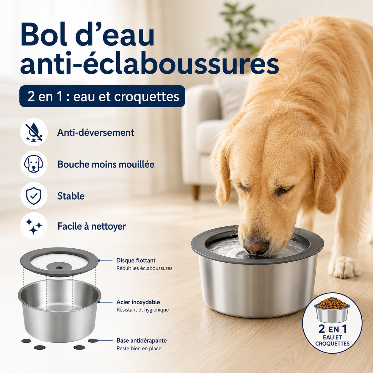 Bol d’eau anti-déversement pour chien – acier inoxydable avec disque flottant, anti-éclaboussures 2L