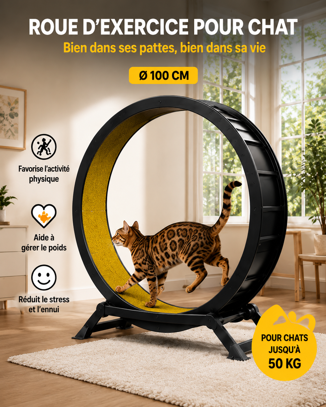 Roue d’Exercice Pour Chat GTPLAYER 100 cm En Métal – Silencieuse, Stable, Tapis Amovible Et Verrouillage De Sécurité