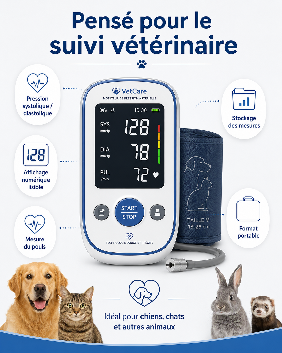 Tensiomètre vétérinaire numérique CONTEC08A – 6 brassards pour chien, chat et grands animaux