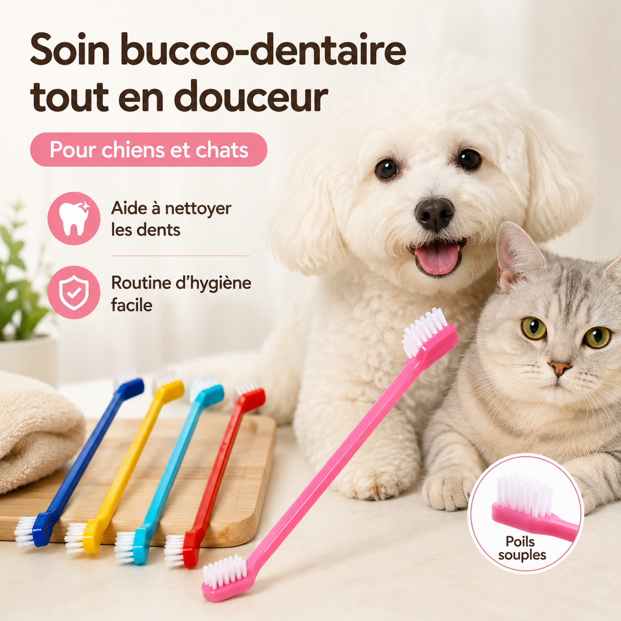 Lot de 5 brosses à dents double tête pour chien et chat – Long manche, poils doux