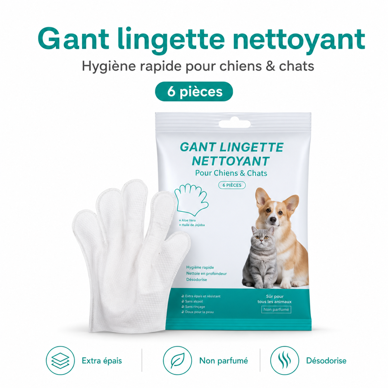 Gants lingettes nettoyants chien/chat – Extra épais, sans parfum, 6 pièces