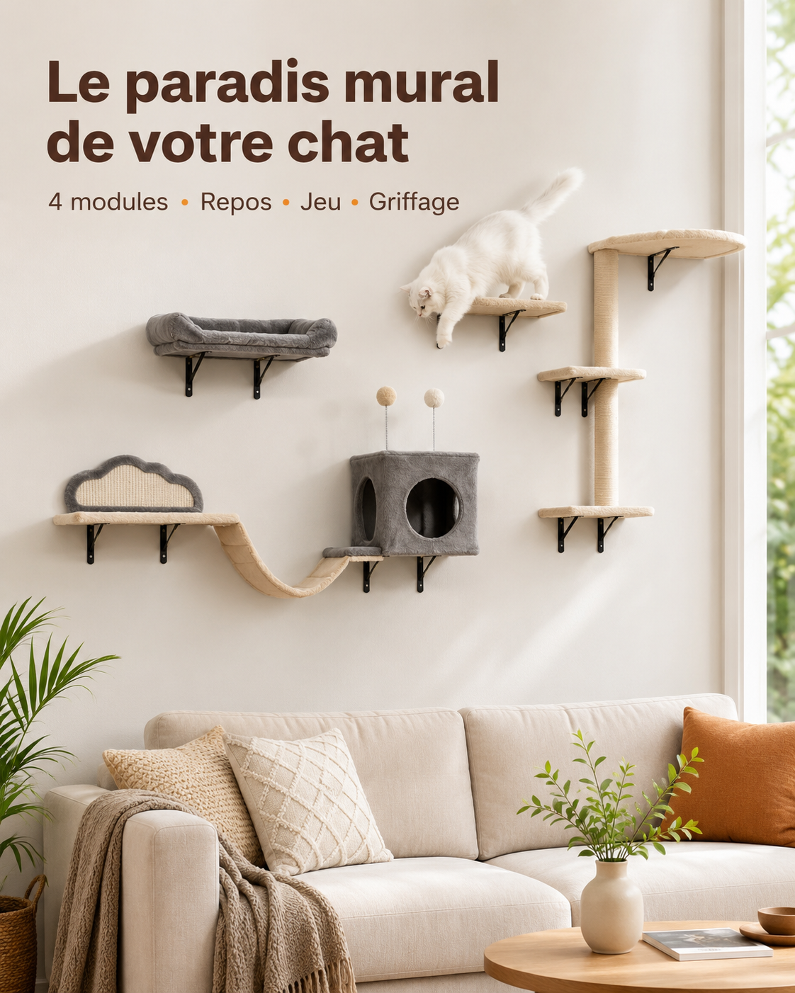 Parcours Mural 4-en-1 Pour Chat PawHut – Plateformes, Niche, Lit Et Griffoir En Sisal