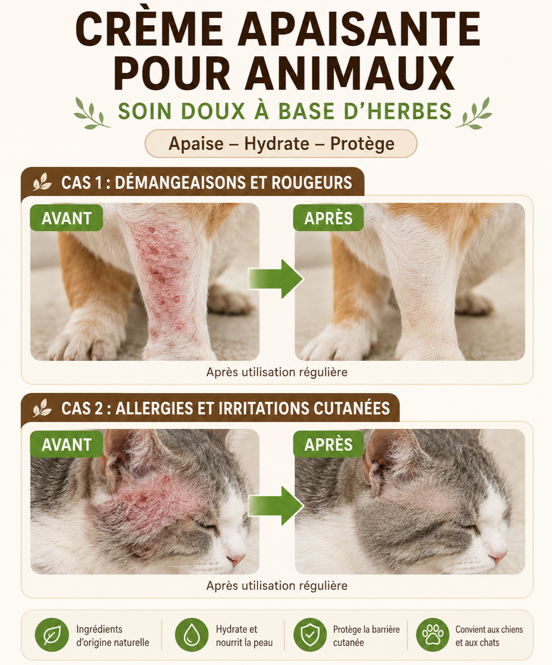 Crème apaisante peau sensible chien/chat – Soin doux zones sèches 100 g