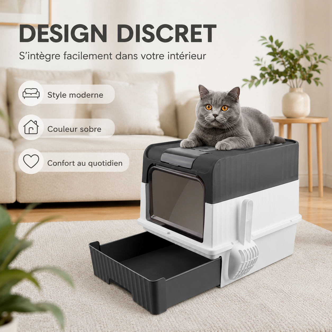 Bac à Litière Pliable pour Chat avec Pelle et Plateau de Tamisage – Entrée Frontale ou Supérieure, Gris et Blanc