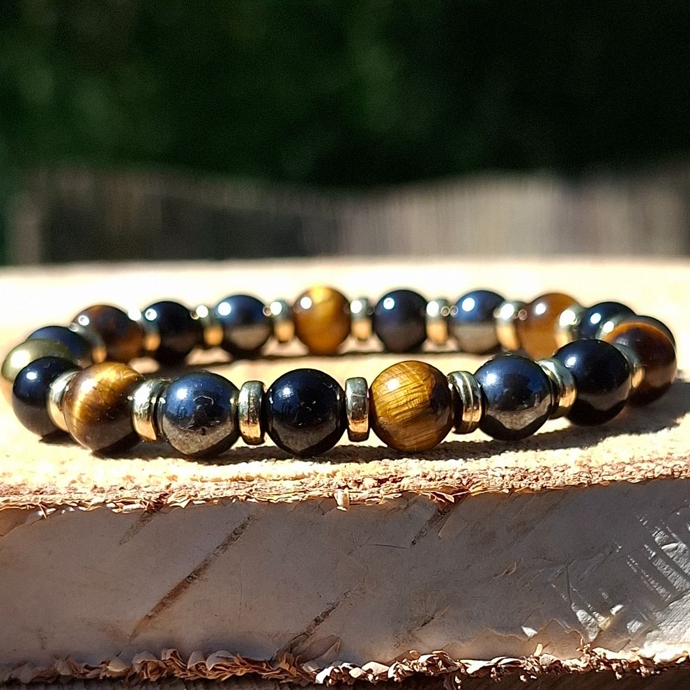 Triple Protection – Bracelet Obsidienne Noire, Œil de Tigre & Hématite