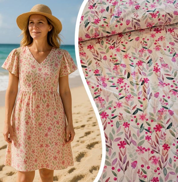 Digitaal tricot paars, roze bloemen