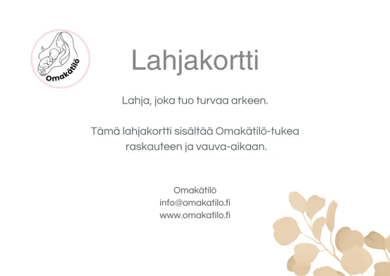 Omakätilö‑lahjakortti raskauden ja vauva‑ajan tukeen, vaalea tausta ja kasvikuvioita.