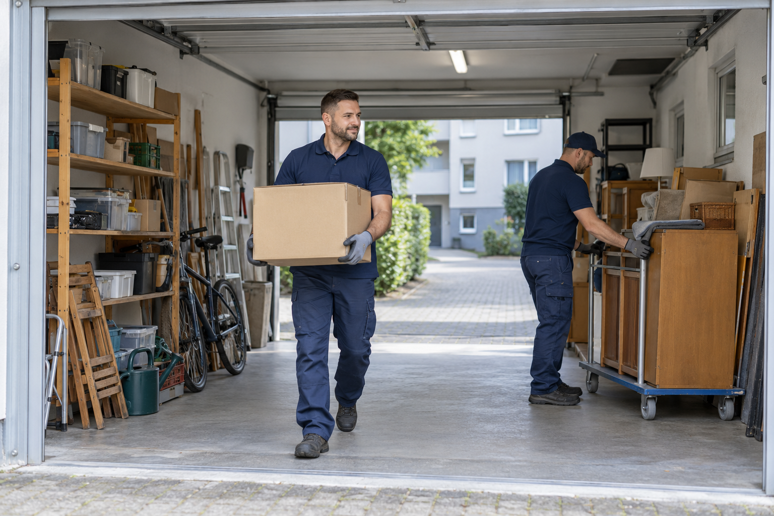 Zwei Mitarbeiter räumen Kartons und ein altes Möbelstück aus einer Garage