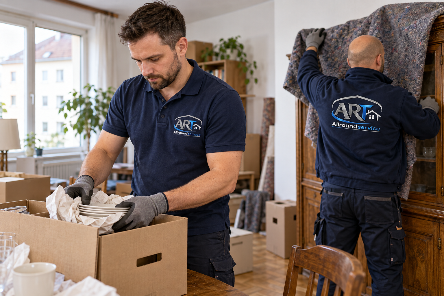 Symbolbild: Zwei Mitarbeiter in ART-Uniformen sortieren Hausrat und schützen Möbel.