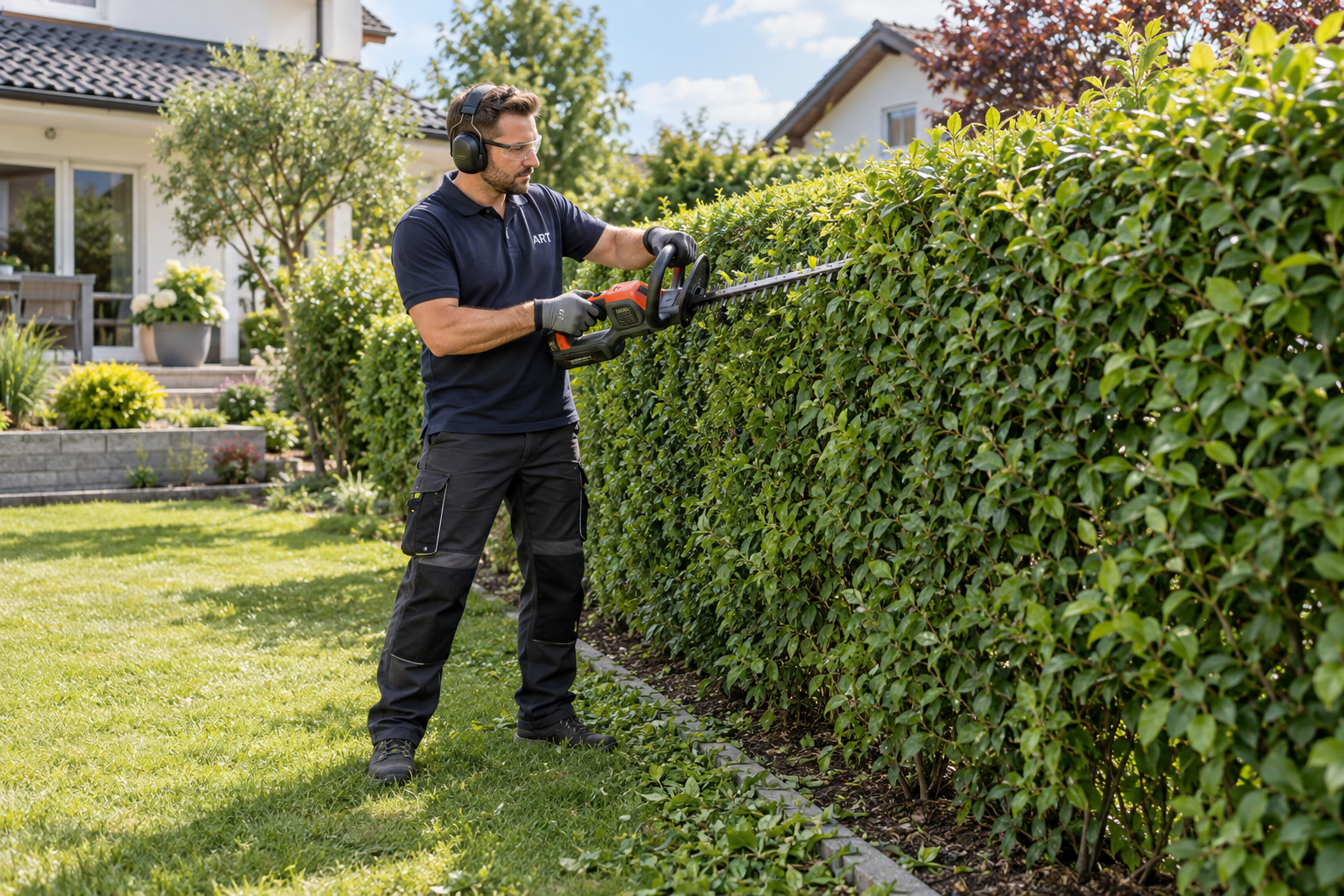 Hecke schneiden mit einer Heckenschere in einem gepflegten Garten
