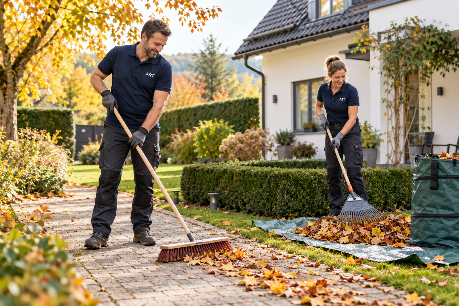 Herbstlaub wird auf einem Gartenweg vor einem Wohnhaus zusammengefegt und gesammelt