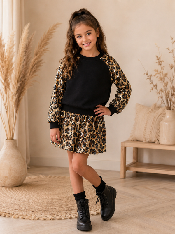Sequin panter set met rokje -zwart