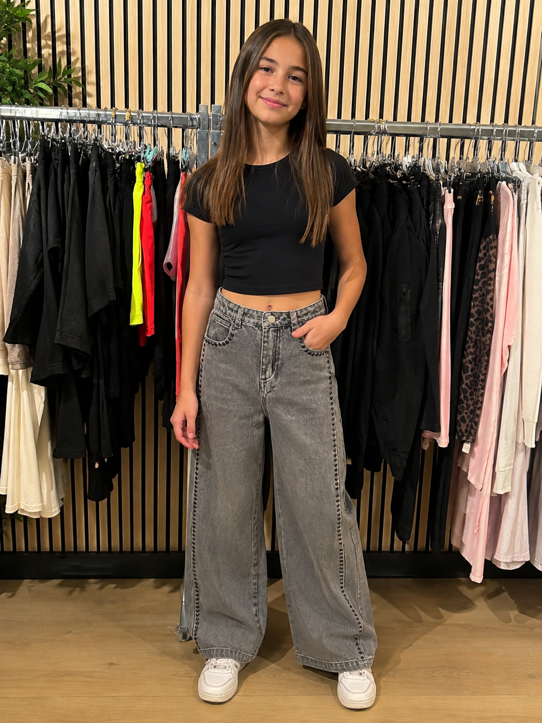 Wide leg Jeans met studs - grijs
