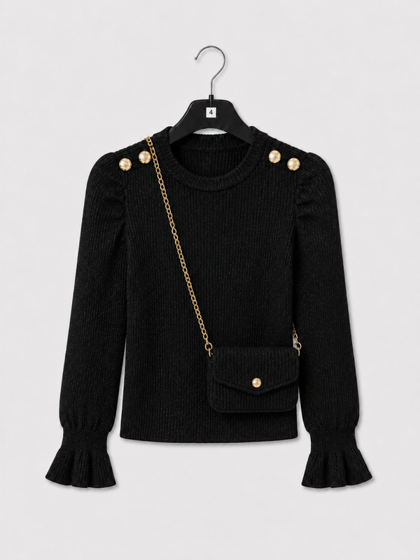 glitter button shirt + tasje - zwart