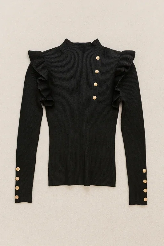 Golden Button Rib Top – Black