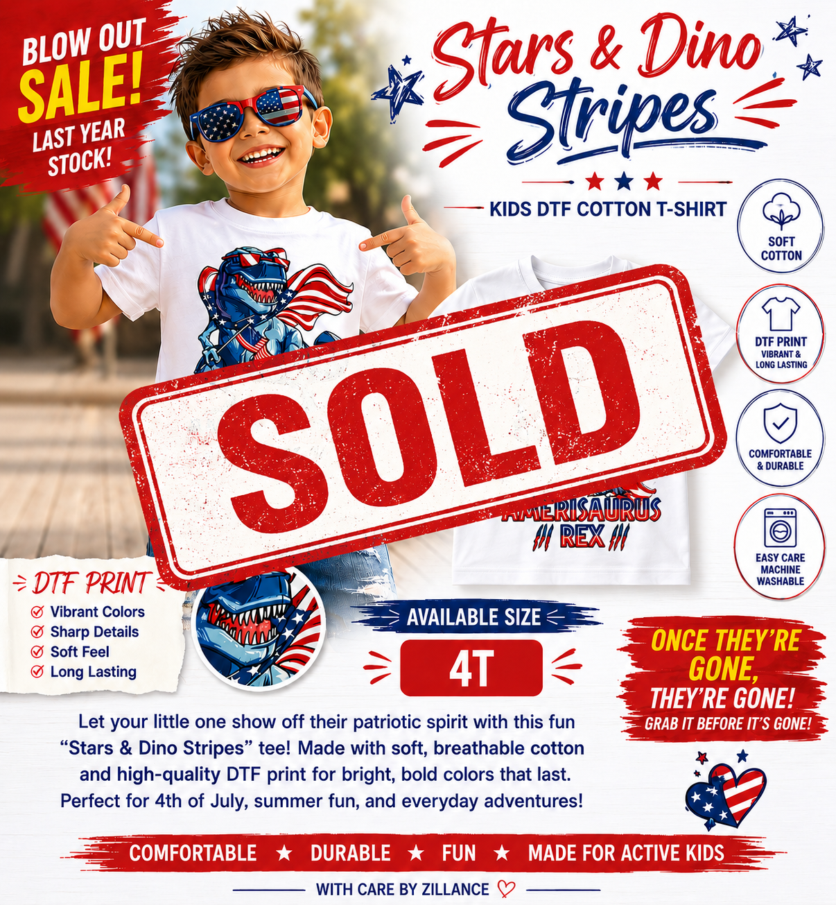 Kids DTF Cotton T-Shirt - Stars & Dino Stripes