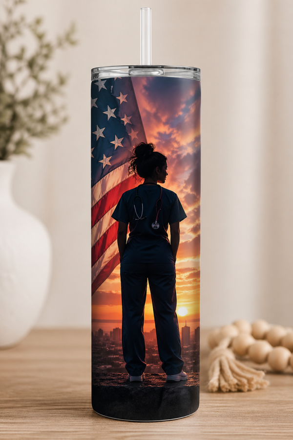 20 oz Skinny Tumbler - Stars, Stripes & Service Nurse