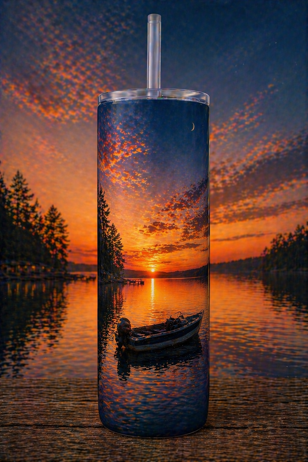 30 oz Skinny Tumbler - Evening Calm Lake Boat