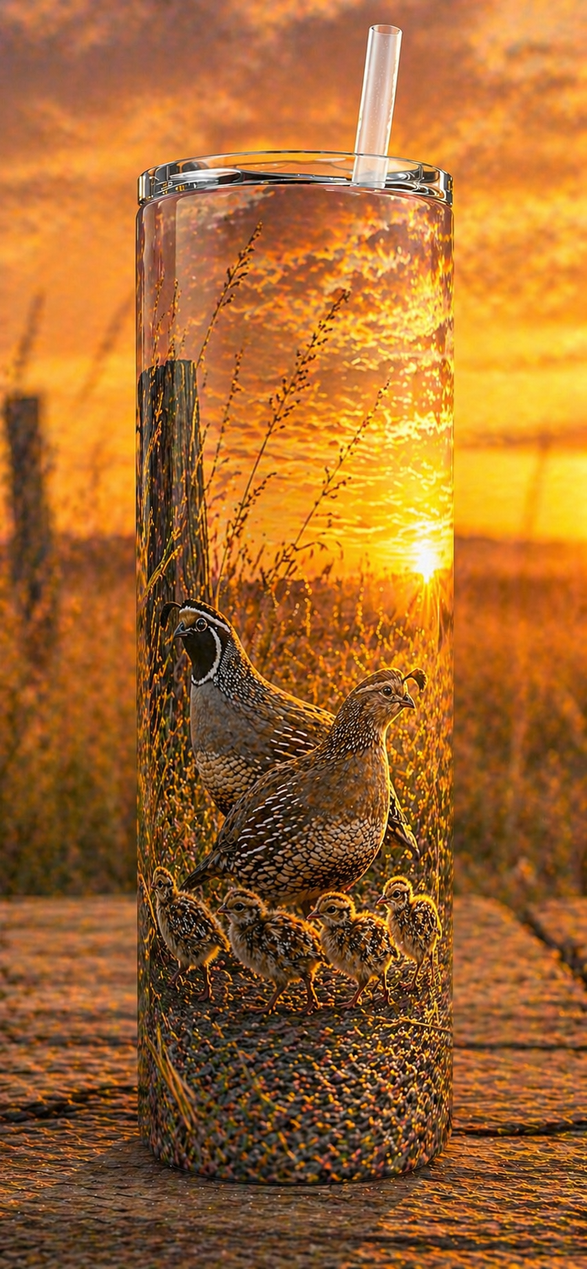 30 oz Skinny Tumbler - Golden Hour Quail Family