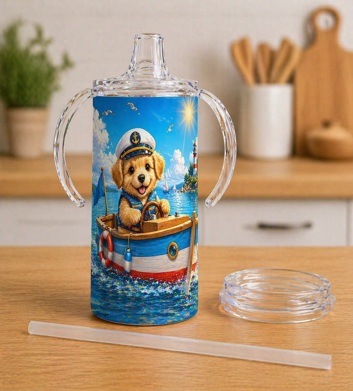 12 oz Sublimation Sippy Cup - Puppy Captain Boat Ride