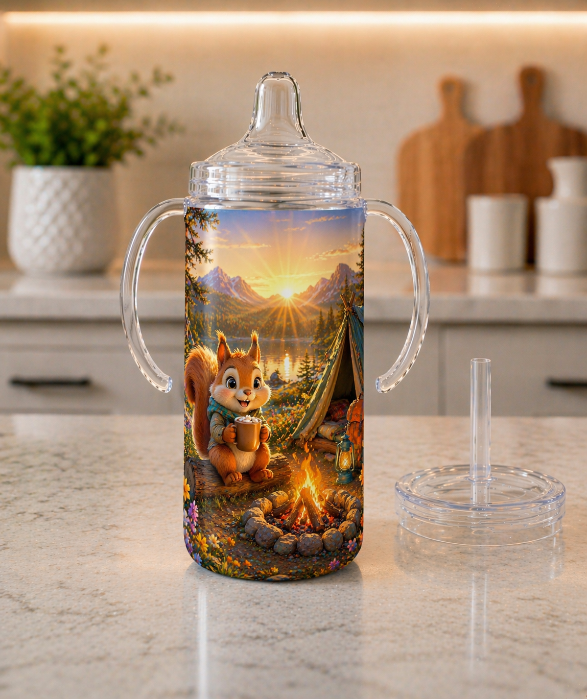 12 oz Sippy Cup - Tiny Camper Squirrel Adventure